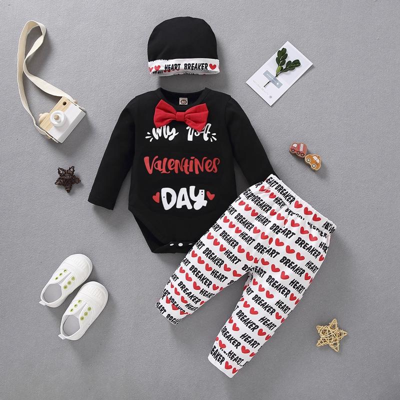 

Clothing Sets Fashion Baby Boy Girls Romper Set Autumn Spring Toddler My 1st Valentines Day Print Pants Suit 3PCS Hat Outfit Clothes, As pic