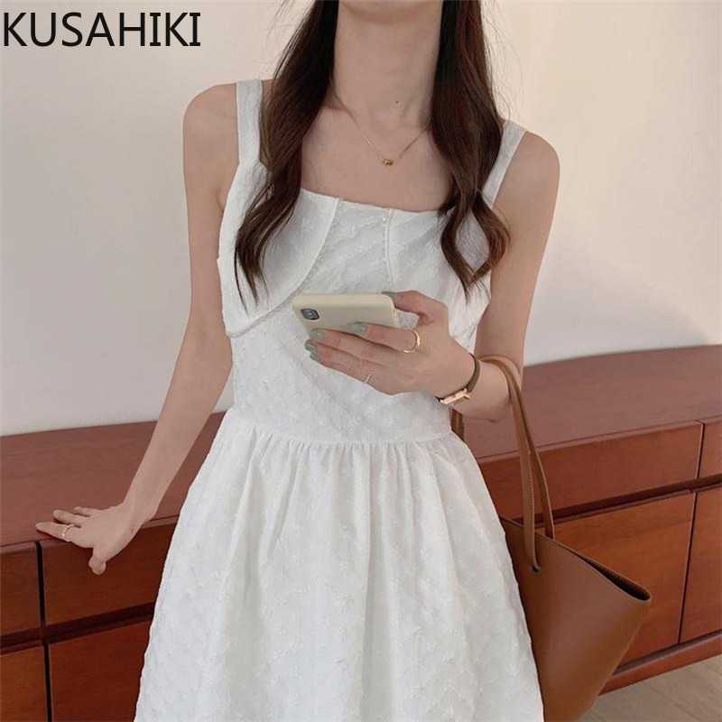 

KUSAHIKI Women Korean Sleeveless Square Collar Spaghetti Strap Dress Elegant Slim Waist A-line Dresses Vestidos 6H831 210602, White