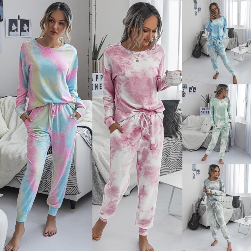 

2021 New De Inverno Mulheres Outono Set Tie Dye Imprimir Top Manga Comprida Camisa Longa e Cala Treino Duas Peas Casuais Definir Outfit Hdp4, Tz203s4077 pink blue