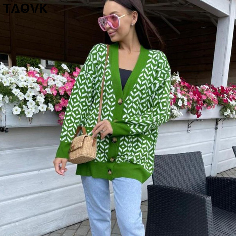

taovk womens knitted sweater diamond pattern single-breasted buttons loose casual knit cardigan sweater, Black