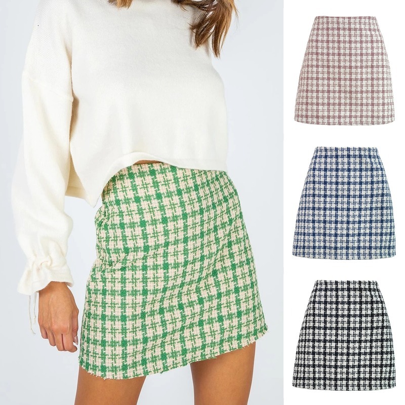 

2021 New Vintage Women Sexy Short Skirts Tweed Plaid High Waist Office Lady Candy Color Skirt Sun Faldas Mujer Moda Ta4k, Green