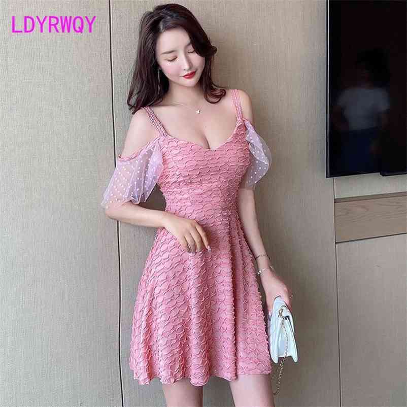 

LDYRWQY summer Korean sexy fashion low-cut V-neck mesh stitching strapless strap slim dress 210603, Black
