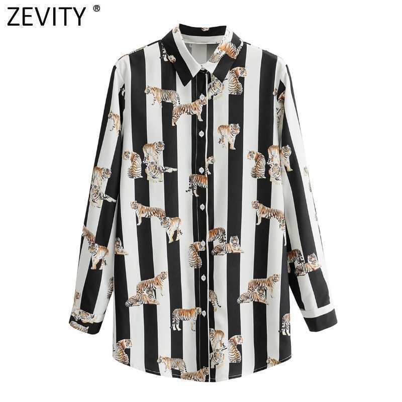 

Zevity Women Vintage Tiger Print Striped Smock Blouse Ladies Long Sleeve Casual Shirts Chic Business Blusas Tops LS7644 210603, As pic ls7644ff