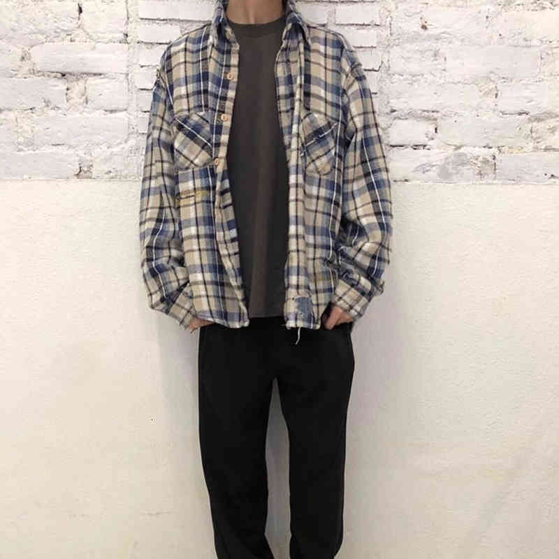 

Men's Casual Shirts Kenijima retro bordado solto flanela retalhos xadrez camisa dos homens vibe estilo lapela oversize casual streetwear topos 4NL2, 1# shoe box