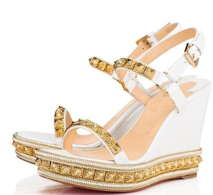 

Elegant Style Ladies Red Bottom Wedge Pyraclou Cataclou Sandals Super Quality Studded Plain Leather Ankle Strap Women High Heels EU35-42, Black