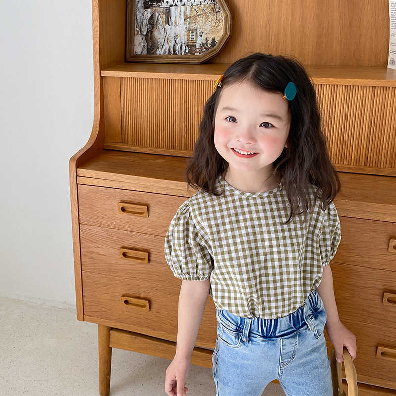 

Summer cute baby girls plaid short sleeve shirts korean style cotton loose casual Tops clothes 210615, White
