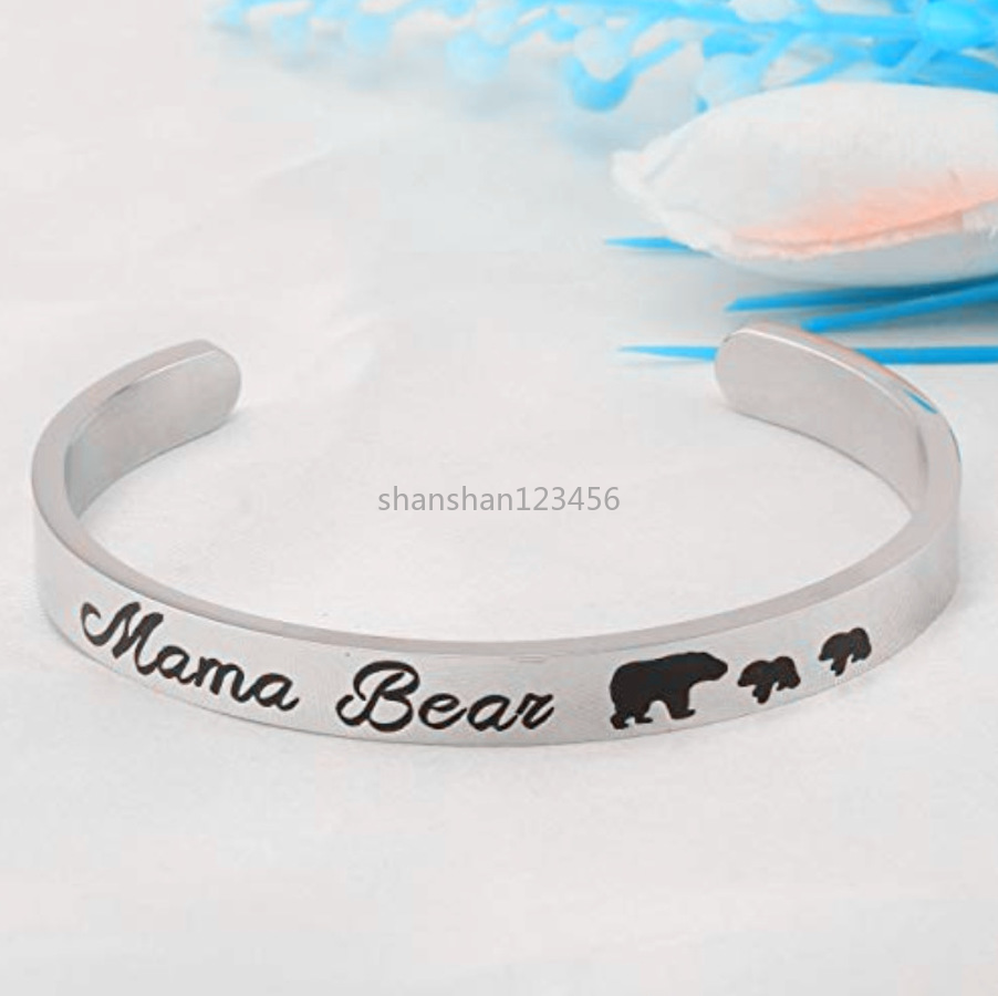

Mama Bear bangle cuff Letter Bracelet Stainless Steel Animal bears cub Bracelet wristband for women Fashion jewelry Mother's Day gift w, Black