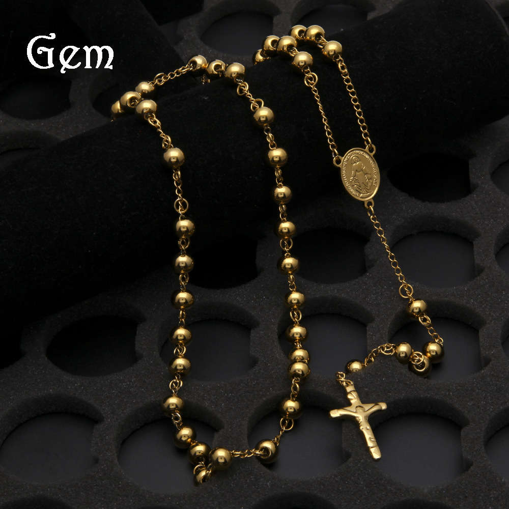 

Gold plated high grade stainless steel Beaded Jesus Cross Necklace