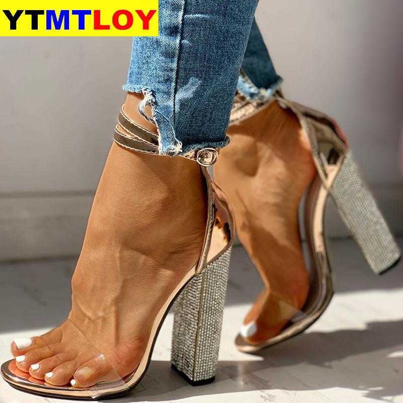 

2020 Women Sandals Rhinestone Thick High Heels Fashion Woman Shoes Ladies Buckle Open Toe Feamle Casual Platform Gladiator Y0721, Black