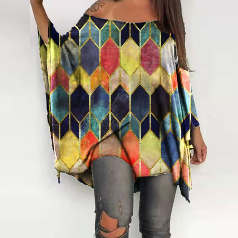 

New Ladies Loose Bat Top Printed Long T-shirt 2021 Women Slash Neck Casual Irregular Hem 3xl Pullover Woman Tshirts G5v2, 01
