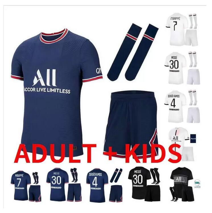 

Adult + Kids kit with socks Paris #30 MESSI Soccer Jerseys 2021 2022 MBAPPE SERGIO RAMOS child suit football Shirts 21 22 DI MARIA VERRATTI