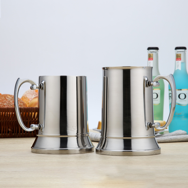 

16 20 ounce Tankard Stein Double Wall Stainless Steel Beer Mug Cocktail Breakfast Milk Mugs with thickened Handgrip Coffee Cup Bar Tools Drinkware, Silver