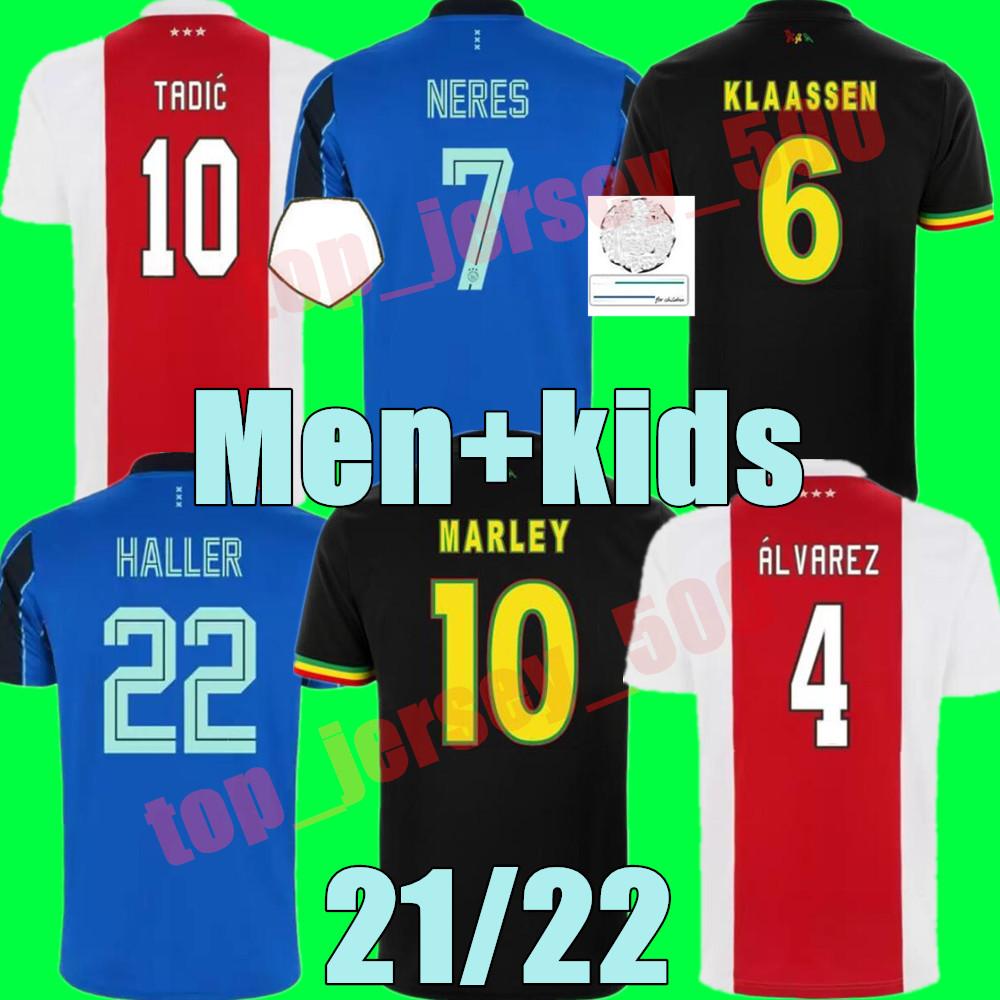 

New 21 22 Bob Marley Soccer Jerseys TADIC BERGHUIS ajaxes HALLER Third black Kit BLIND NERES CRUYFF KLAASSEN GRAVENBERCH 2022 football shirts men kids sets uniforms, Adult home+league patch