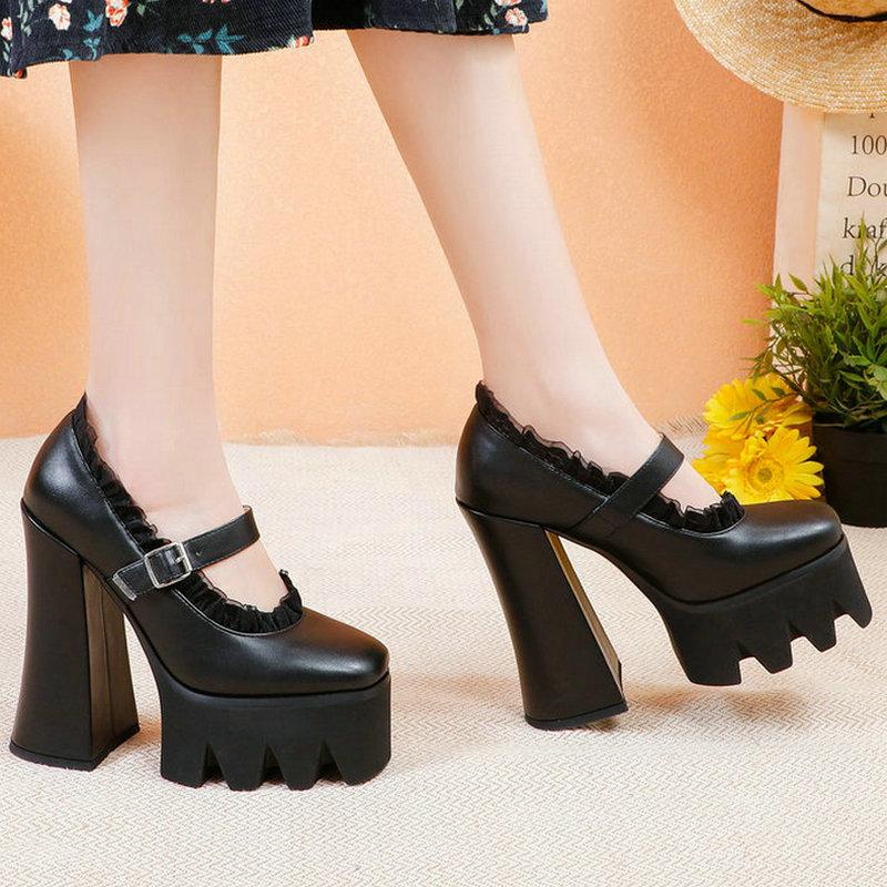 

Dress Shoes Black White Spring Autumn Women High Heel Platform Super Square 15CM Pumps Buckle Woman's