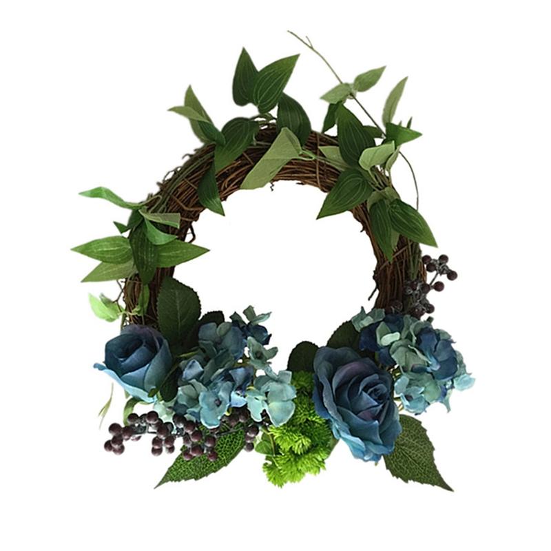 

12in Artificial Blue Rose Wreath Fake Hydrangea Floral Garland with Green Leaves Door Window Wall Hanging Decor, As shown