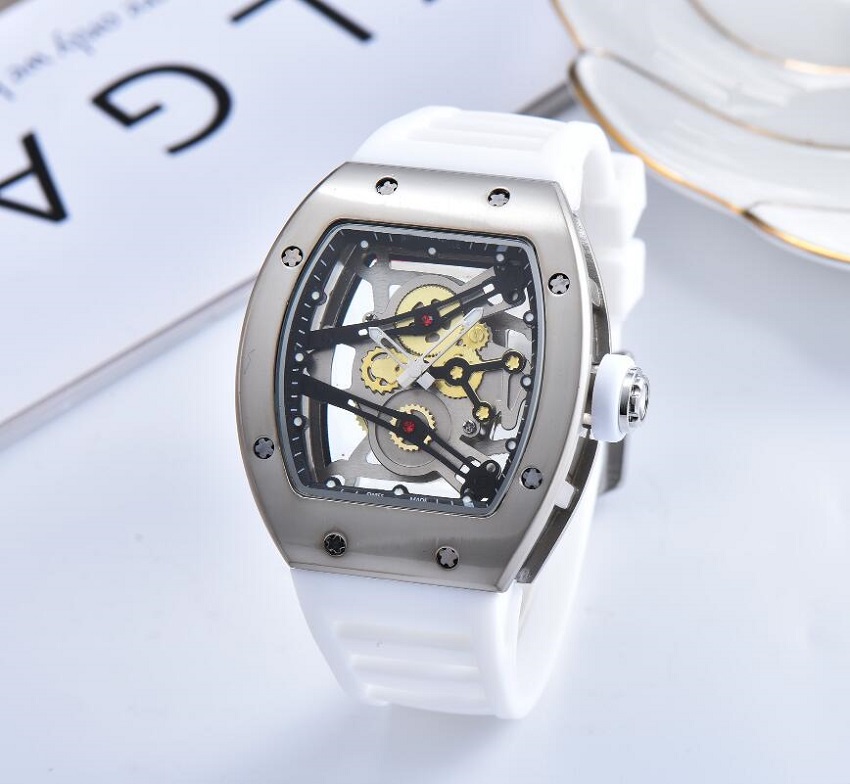 

Top Luxury Quartz Chronograph Mens Wristwatch Stainless Steel Mesh Iced Out Hip Hop Rubber Silicone Strap Sports Men Hollow Designer watch, As pic