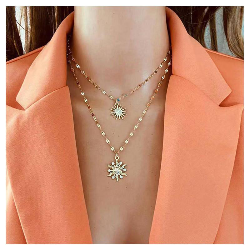 

Pendant Necklaces Korean Simplie Sun Flower Necklace Womans Vintage Double Layer Lady Rhinestone Jewelry Gift