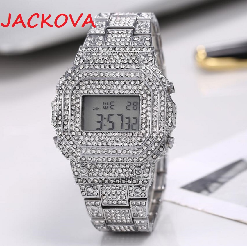 

Retail Sports LED Digital Watch Full Diamonds Digital Watches Steel Belt Thin Electronic Wristwatch Women Men Bracelet Business Watches, Slivery;brown