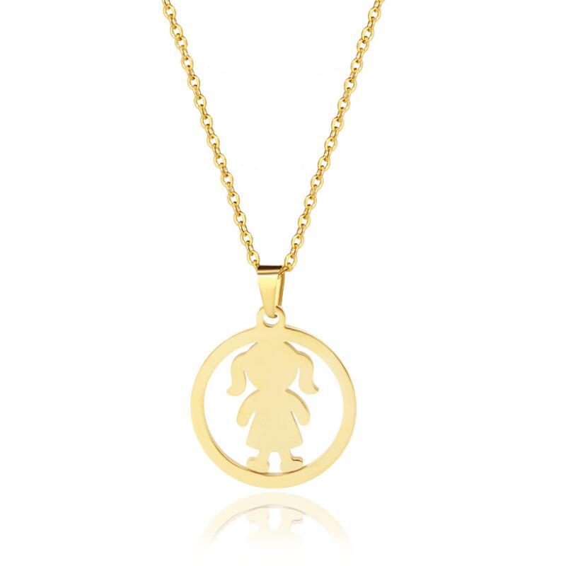 

Pendant Necklaces Stainless Steel Small Baby Girl Child Character Figure In Circle Round Gold Chain Women Bridal Wedding Jewelry