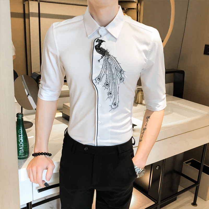 

2021 New Half-mango Male Shirt, Summer Fashion, Embroidery, Asymmetric, Slim, Casual for Club, 3xl Zsss, White