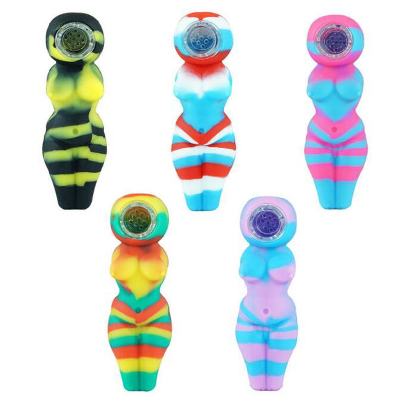 

Heat resistant Sexy woman smoking pipe Silicone Dab Rig Glass Bong Recycler Water Pipes Oil Rigs portable and unbreakable 4.1 inch