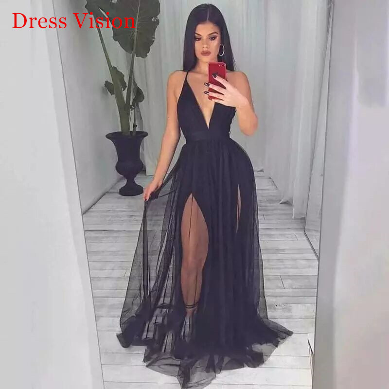 

2021 Robe Soiree Sexy Black V-neck a Prom e Party Gowns Vestido Fiesta De Boda Spaghetti Straps Backless Zw46