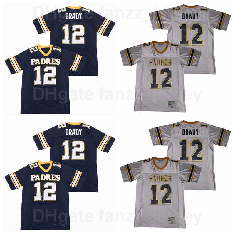 

Men Junipero Serra Padres 12 Tom Brady High School Football Jersey Team Color Navy Blue Grey Breathable Pure Cotton Embroidery And Sewing Good Quality