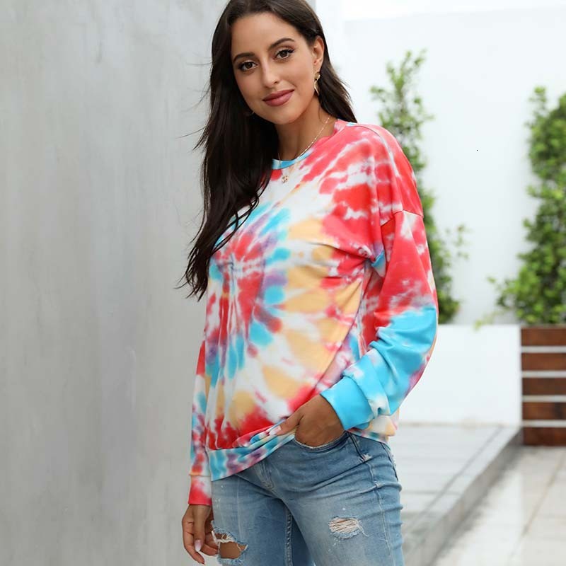 

2021 New Autumn Winter Tie Dye Sweatshirt for Women O-neck Long Sleeve Fashion Plus Size Pullover Tops Female Casual Vintage Sweatshirts Hjk, Blue