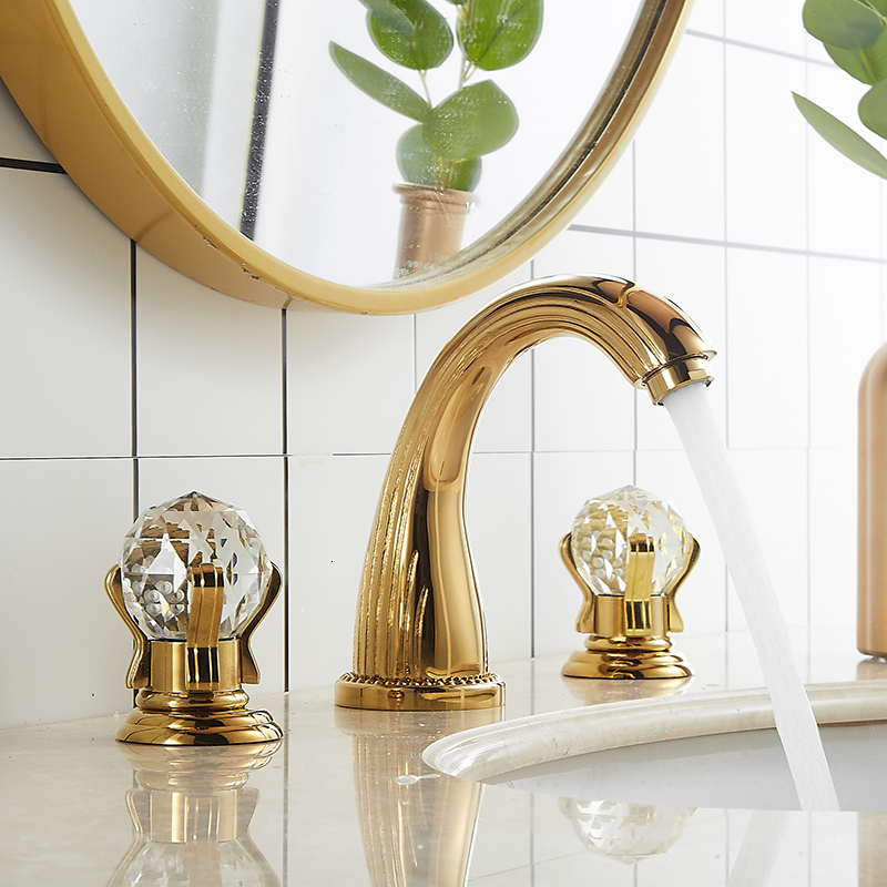 

2021 Gold Bathroom Sink Faucet 3 Hole Widespread Basin Mixer Hot and Cold Brass Amd Crystal Water Tap New Jshi