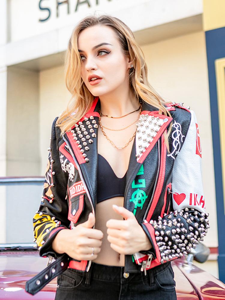 

Women' Leather & Faux ZURICHOUSE Rock Punk Rivet Print PU Jacket Women Slim Short Streetwear Motorcycle Jackets Female Chaqueta Mujer, Black