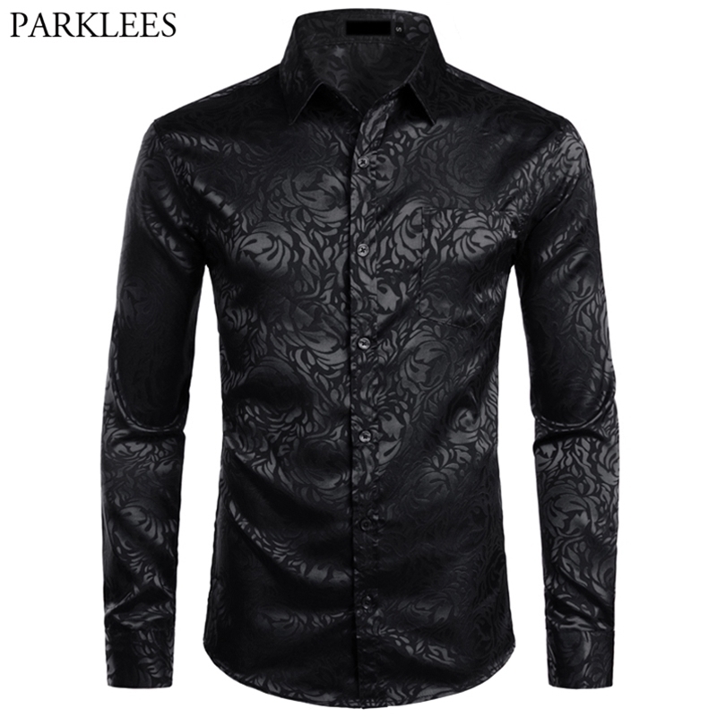 

Men's Floral Black Dress Shirts Stylish Long Sleeve Steampunk Shirt Men Party Club Bar Social Shirt Male Chemise Homme 210708