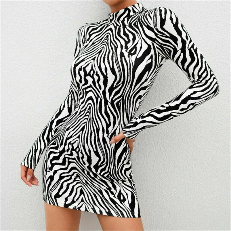 

zebra stripe womens dresses long sleeve high neck stretch bodycon party slim mini dress, Black;gray