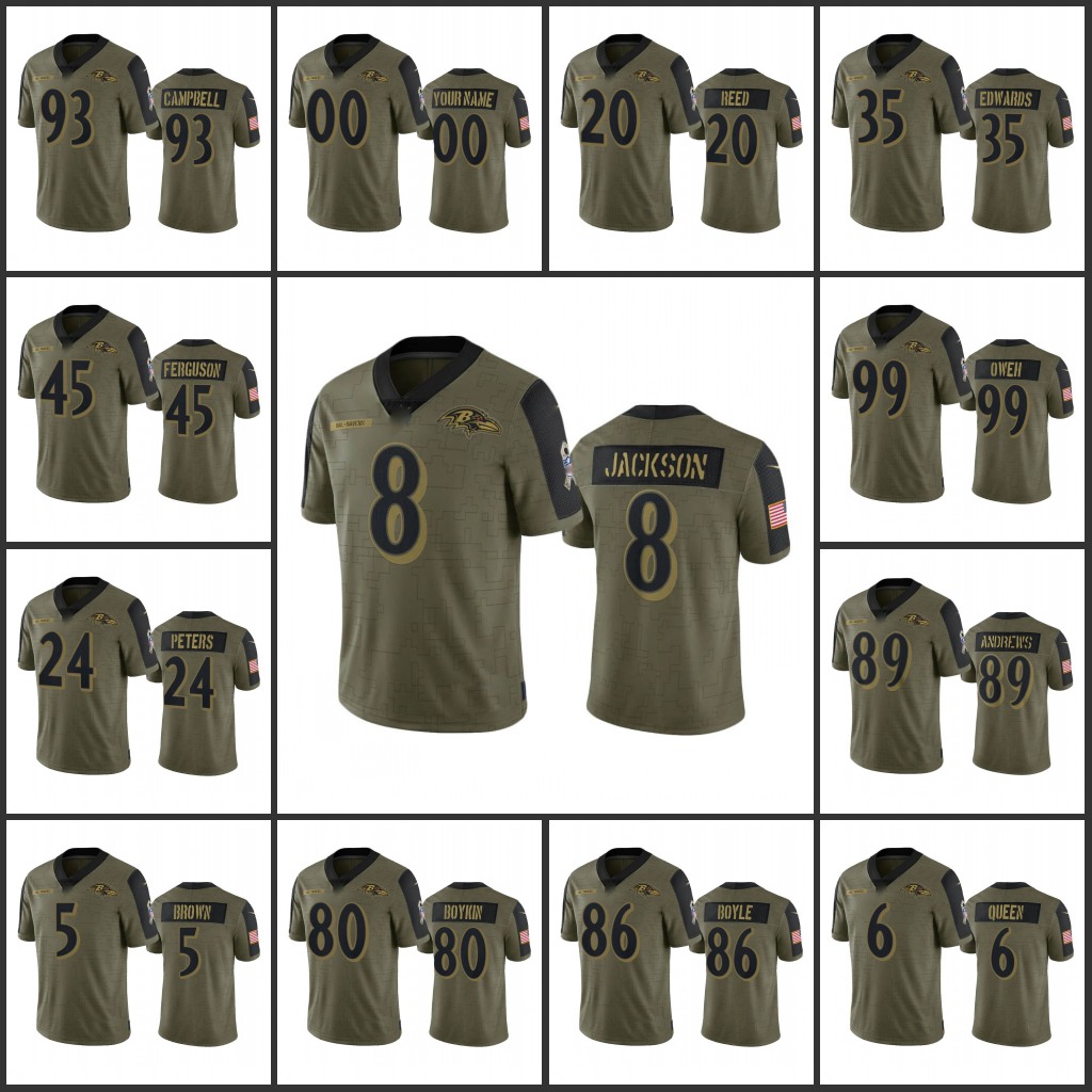 

Baltimore''Ravens''Men #8 Lamar Jackson 89 Mark Andrews 24 Marcus Peters 5 Marquise Brown Custom Women Youth Olive 2021 Salute To Service Limited Jersey