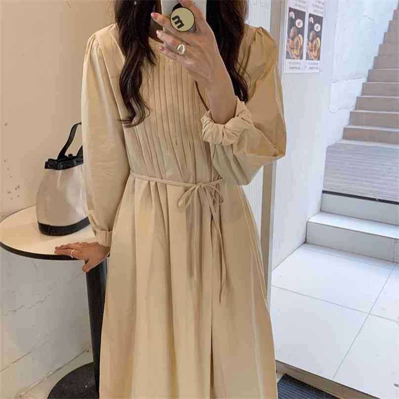 

Minimalist Girls Solid Retro Vintage Pleated Elegance Casual High Street Femme All Match Dresses Vestidos 210525, Apricot