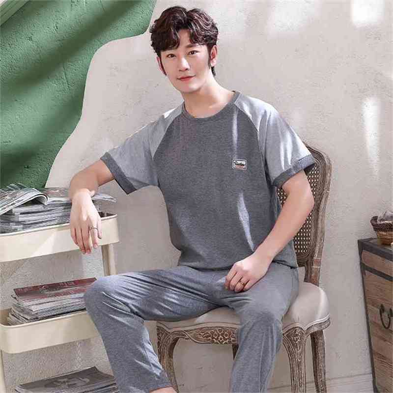 Men's Pajamas Set Summer Short-sleeve Tops + Long Pants 100% Cotton Nightwear Home Wear Suits Simple Fashion Sleepwear for Men 210812