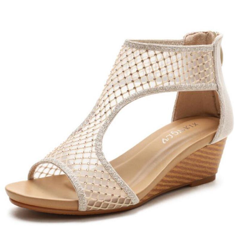 

Sandals Women's Shoes 2021summer All-match Comfortable Casual Mesh Thick-soled Wedges Plus Size Mother Q, Beige