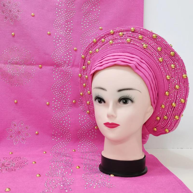 

Hair Clips & Barrettes African Turban Gele Headtie With Shawl Pearls Stones Pretty Pink Aso Oke Already Made Auto Ebi 2pcs, Golden;silver