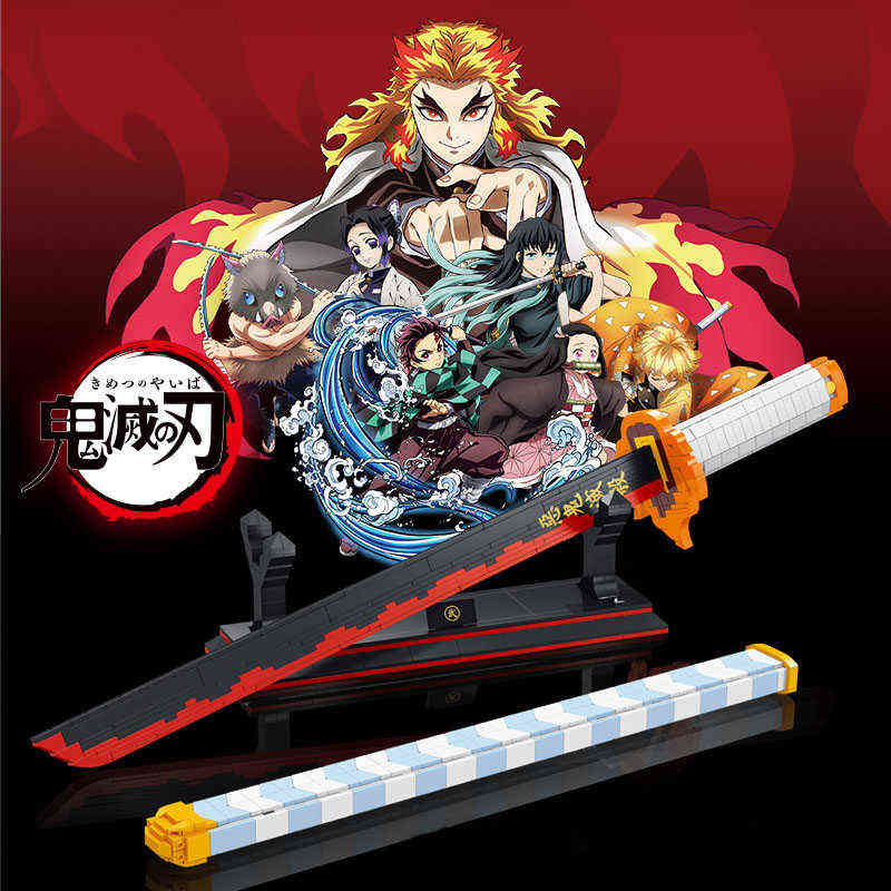 

790pcs Demon Slayer Nichirin Sword Building Blocks Rengoku Kyoujurou Blade Katana Anime Knife Weapon Bricks Toys For Boy Gifts AA220303