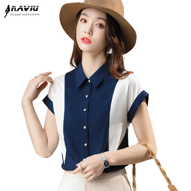 

Short Sleeve Patchwork Shirt Women Summer Thin Chiffon Casual Formal Tempermant Blouses Office Ladies Work Tops 210604, Navy blue