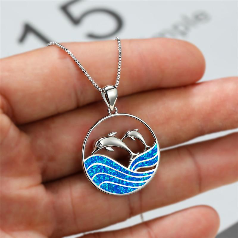

Pendant Necklaces Cute Female Blue Opal Wave Necklace Luxury Silver Color Chain For Women Hollow Beach Dolphins Wedding