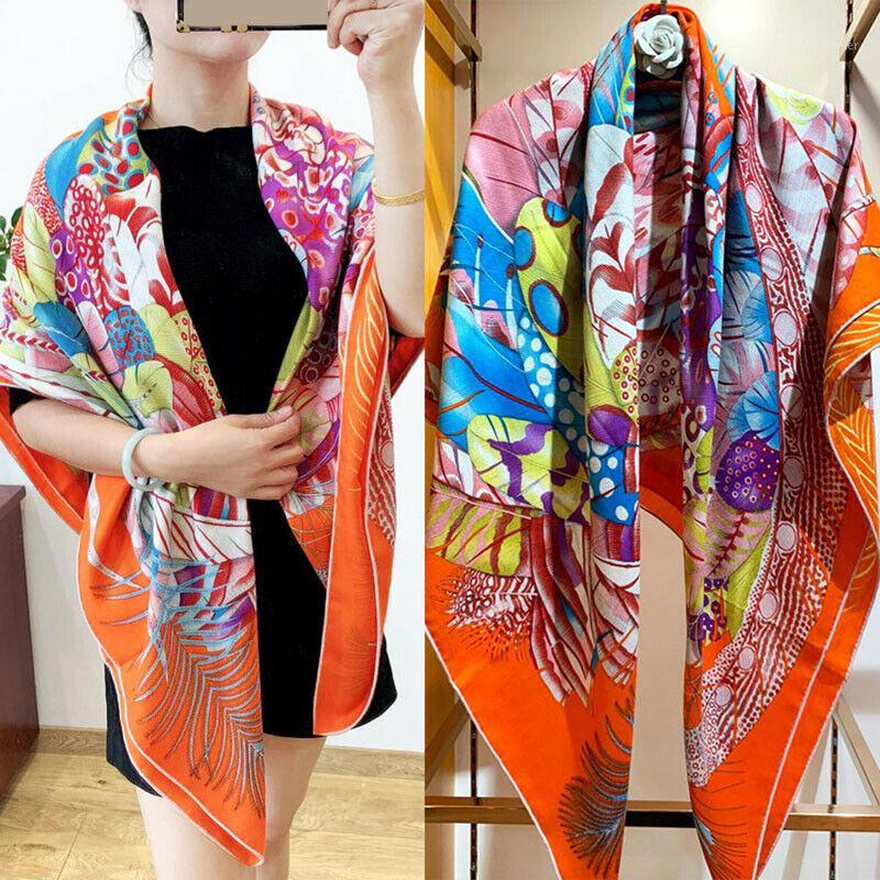 

Scarves Luxury 70% Cashmere 30% Silk Thin Scarf Aztec Ethnic Tribal Style Feather Print Blanket Shawl Kerchief 135*135cm, Blue;gray