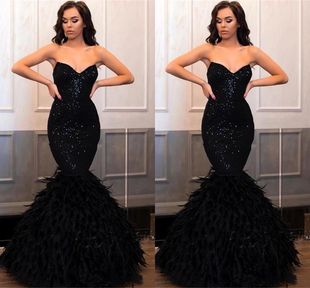 

2021 New Luxury Black Mermaid Long Prom Es with Feathers V-neck Sequined Sexy Evening Party Gowns Robes De Soire Lbra