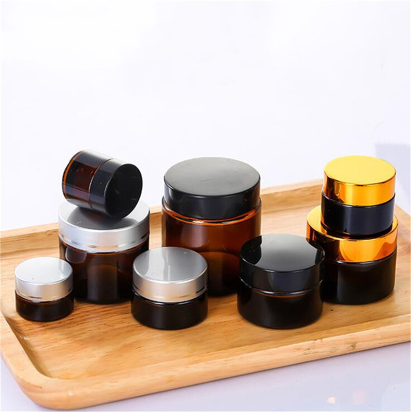 

5g 10g 15g 20g 30g 50g Amber Glass Cream Jar Refillable Bottle Cosmetic Makeup Storage Container with Gold Silver Black Lids Screw Cap