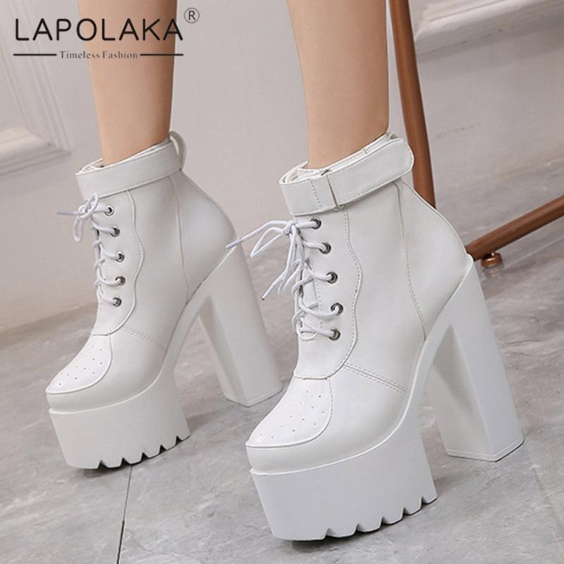 

Boots Lapolaka 2021 Arrivals Super High Heels Lace Up Ankle Women Shoes Platform Cross-tied Black Lady