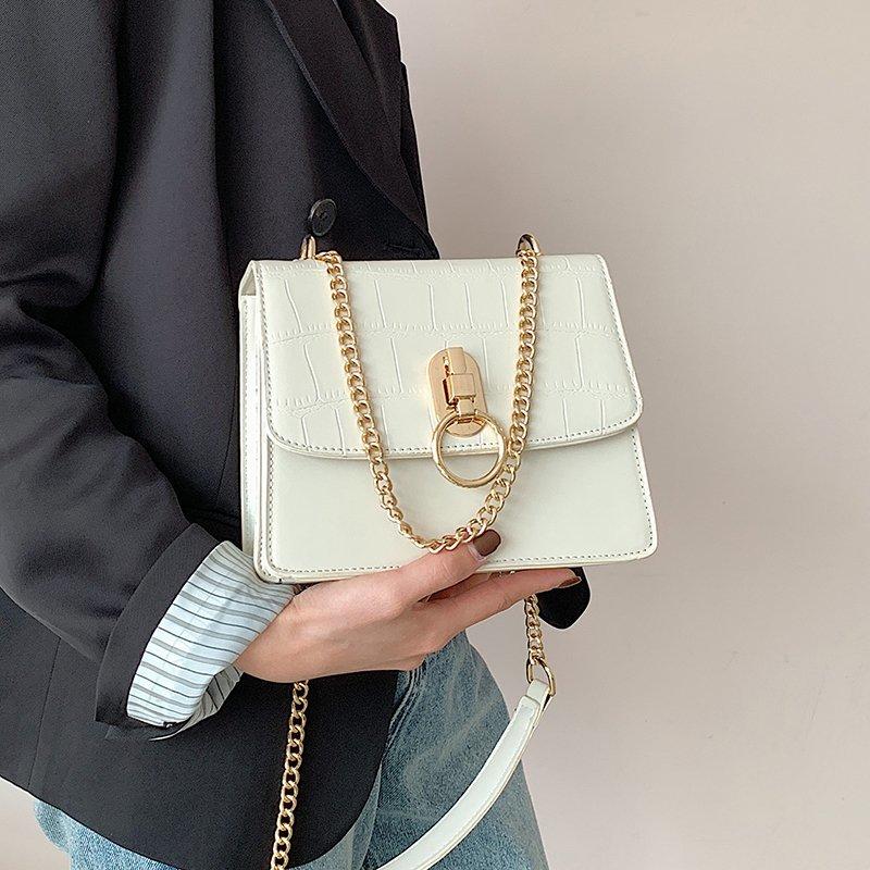 

New Style Leather Crossbody Bags for Women 2021 Winter Trending Metal Chain Shoulder Handbags and Purses Luxury Black Hand Bag, Beige