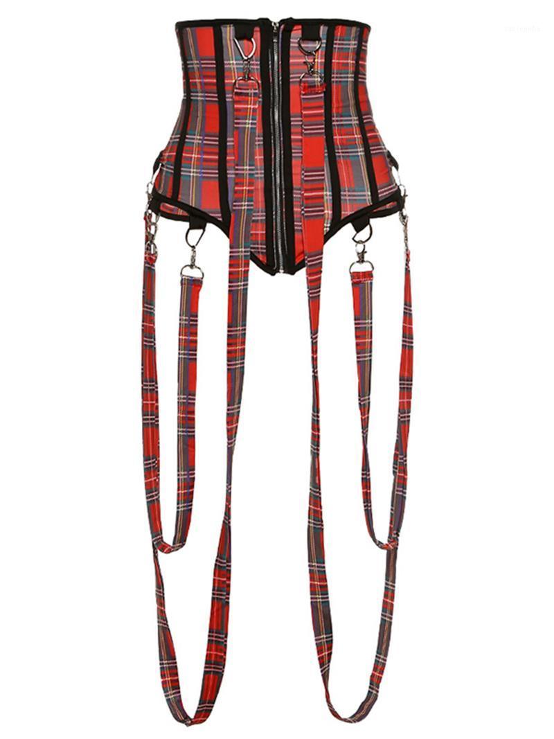 

Women Asymmetry Corset, Adults Sleeveless Camouflage/Plaid Zip Shapewear With Strap Belts, Red