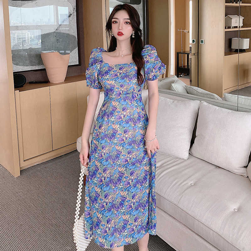 

French Vintage Floral Dress Summer Puff Sleeve Women Square Collar Sexy Split Casual Ladies Party 210526, Photo color