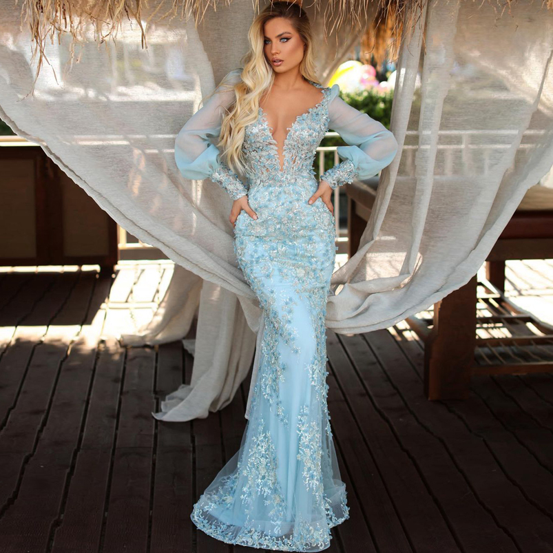 

Formal Long Sleeves Mermaid Evening Dresses Deep V Neck Beaded Sequined Appliques Plus Size Prom Gowns, White