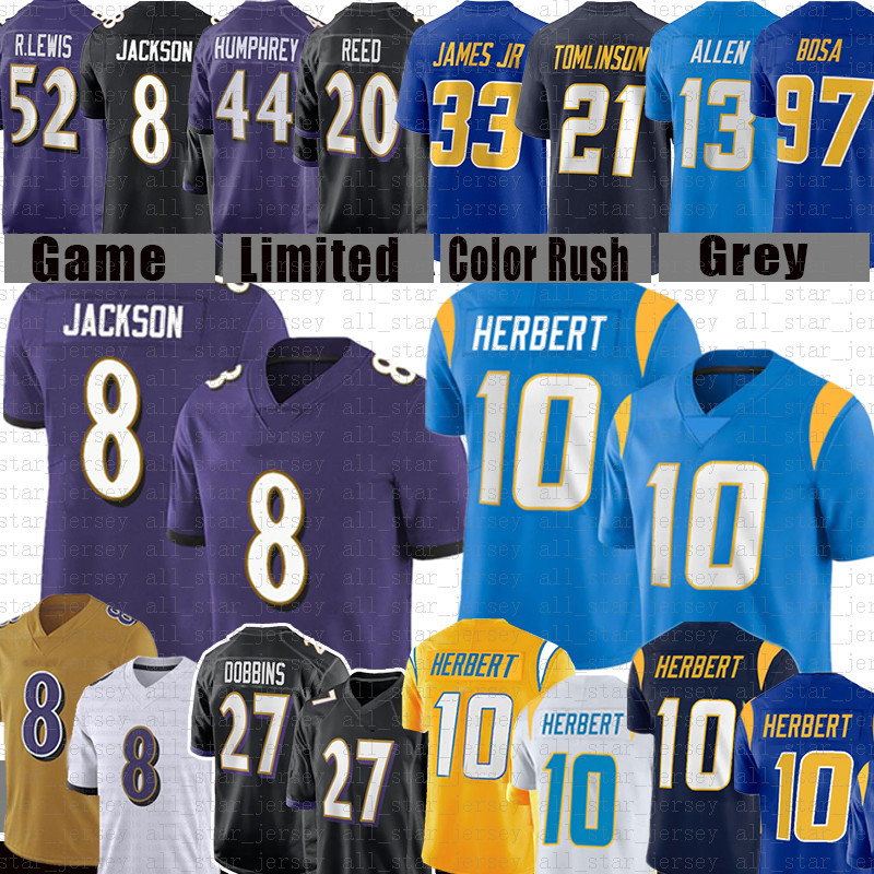 

10 Justin Herbert 8 Lamar Jackson Football Jersey Marlon Humphrey J.K. Dobbins Joey Bosa Derwin James Los AngelesChargersBaltimoreRavensKeenan Allen, Women size s-xxl (wuya)