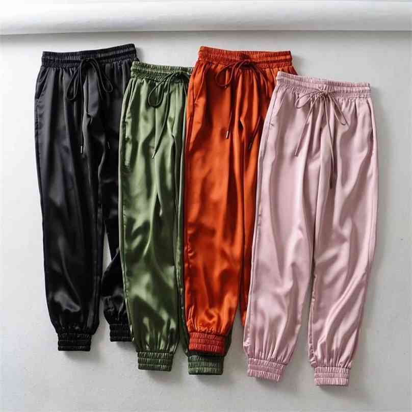 

Summer Satin Cargo Pants Women Europe Loose Casual Sport Joggers Streetwear 210607, Pink